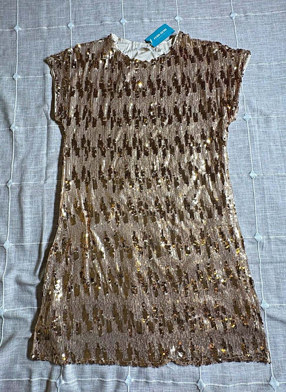 Women's Gold Sequin Shift Dress XL Short Sleeve Round Neck Pullover Mini